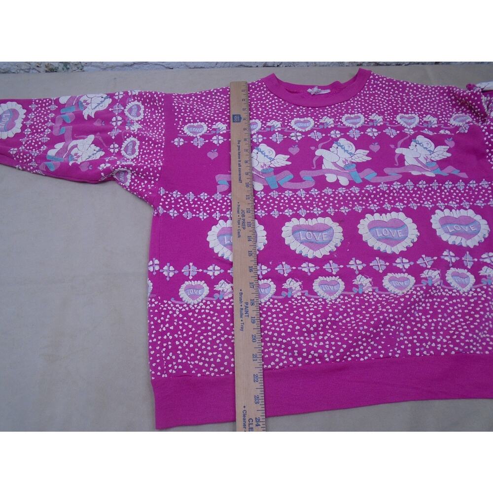 Vintage 80s Grandma Sweater Puffy Print Hearts Teddy Bear Cherub Valentines L - Picture 8 of 14